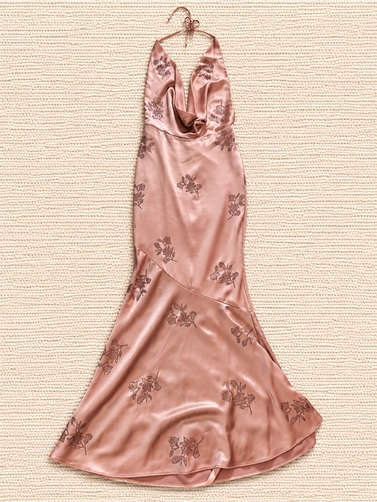 Oh Polly Dresses & Skirts - Oh Polly Dusty Pink Backless Satin Halter Dress with Floral Appliqué